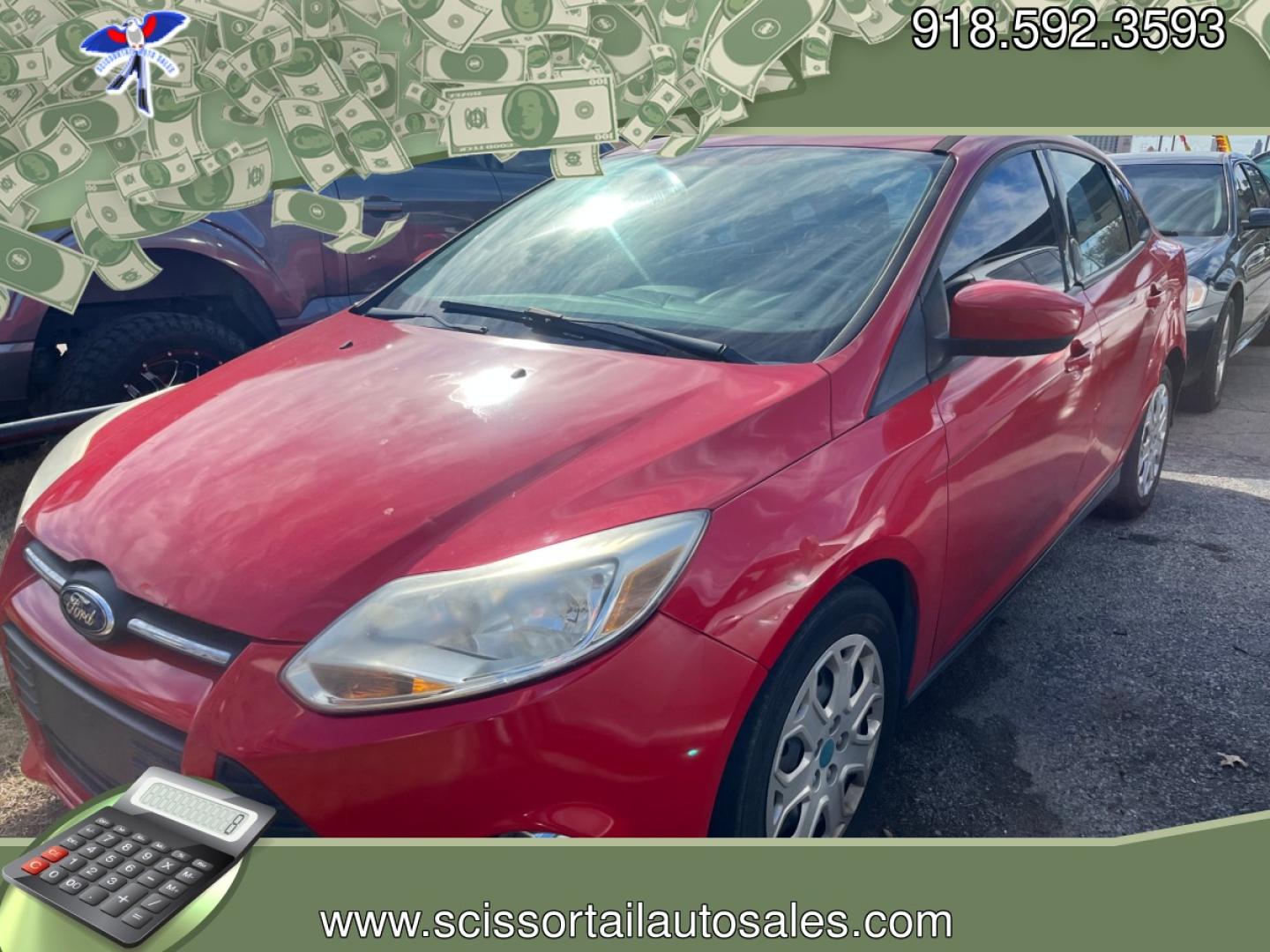 2012 RED FORD FOCUS SE Sedan (1FAHP3F24CL) with an 2.0L L4 DOHC 16V engine, located at 8101 E. Skelly Dr., Tulsa, OK, 74129, (918) 592-3593, 36.121891, -95.888802 - Photo#0